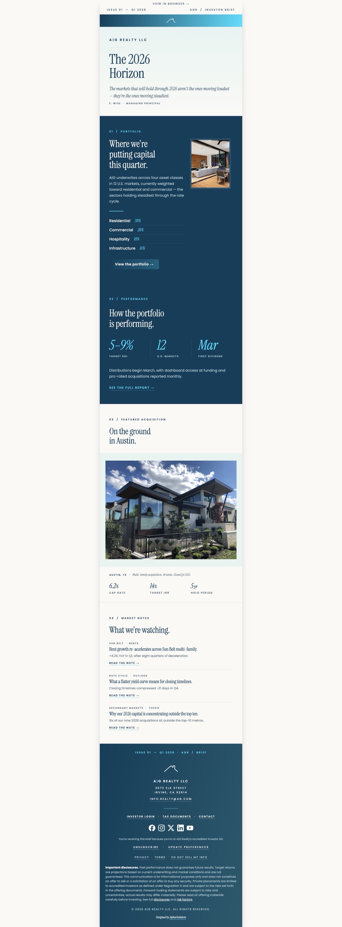 Desktop render of the email — full editorial layout with masthead, four numbered sections, and footer disclosure stack