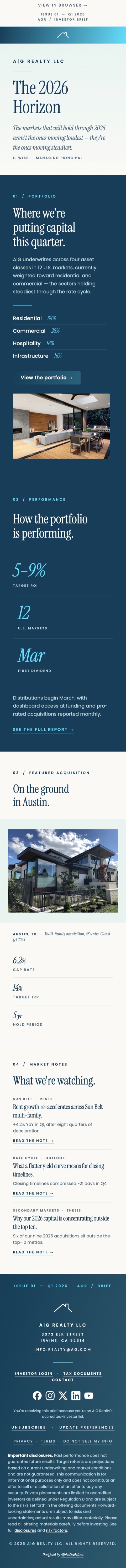 Mobile render of the email at 390px width — three-up performance grid stacks vertically, two-column blocks collapse to single column